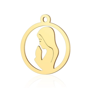 Golden titanium steel circular pendant with cutout Virgin Mary silhouette on white background