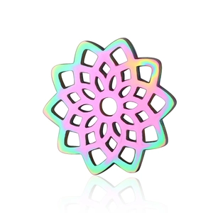 Close-up of laser cut lotus pendant with rainbow gradient finish in stainless steel