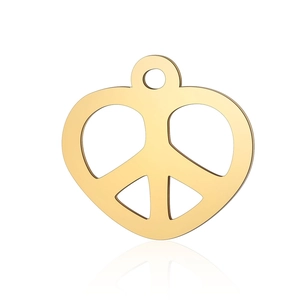 Polished gold heart pendant with hollow peace sign detail and top hanging hole