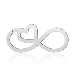 Polished silver infinity heart charm with dual holes for jewelry making in stainless steel