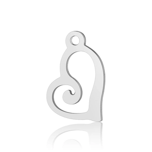 Close-up of heart-shaped stainless steel pendant with spiral hollow design and mirror polish