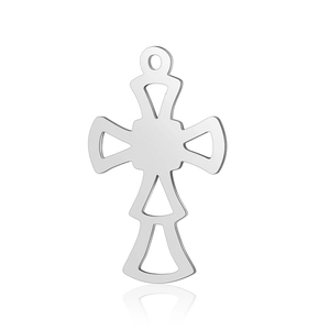 Close-up of a hollow cross pendant in stainless steel with a polished metallic finish