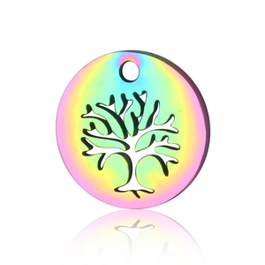 Close-up of rainbow plated stainless steel pendant with tree of life hollow design