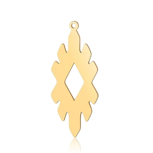 Detailed view of bohemian gold geometric diamond pendant with intricate cutout patterns