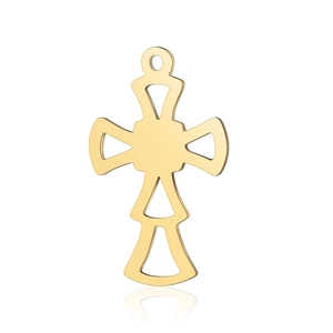 Detailed macro view of the gold hollow cross pendant with polished stainless steel finish