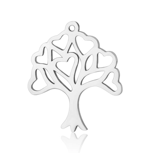 Polished silver stainless steel Tree of Life pendant with镂空 heart-shaped leaf details