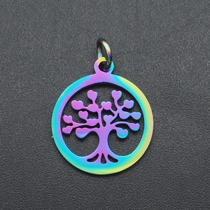 Pendentif Arbre de Vie en acier inoxydable arc-en-ciel avec design creux et anneau