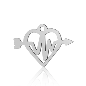 Polished heart pendant with heartbeat and cupid arrow symbols in stainless steel