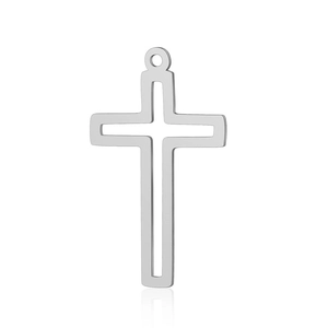 Close-up of polished silver hollow cross pendant with mirror reflection on white background