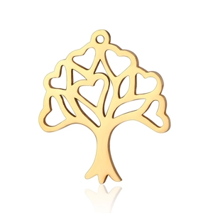 Detailed view of a gold-plated tree of life charm with hollow heart-shaped leaves