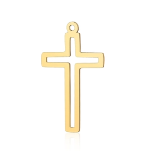 Detailed view of polished golden hollow cross pendant made of high-quality stainless steel