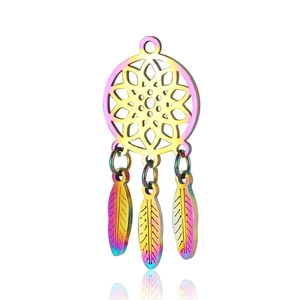Detailed macro view of rainbow plated stainless steel dreamcatcher pendant with three feathers