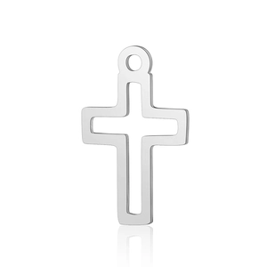 Polished stainless steel hollow cross pendant with circular hanging hole on white background