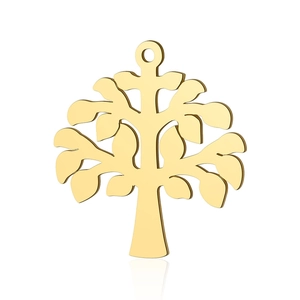 Macro shot of polished gold tree of life stainless steel pendant with mirror finish