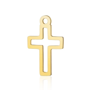 Detailed view of a golden hollow cross pendant with crown design made of titanium steel