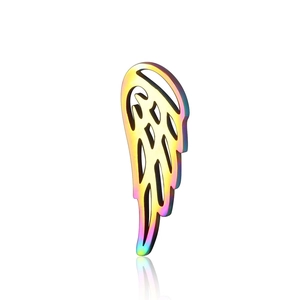 Detailed macro of rainbow plated stainless steel wing pendant with hollow lines