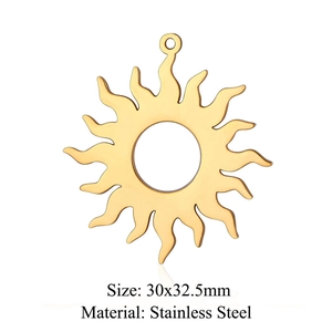 Golden stainless steel sun pendant with hollow design and ray texture, 30x32.5mm