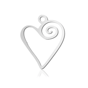 Close-up of heart-shaped stainless steel pendant with spiral cutout and mirror finish