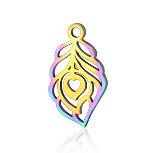 Rainbow plated stainless steel feather dreamcatcher pendant with hollow heart detail