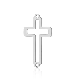 Close-up of a silver hollow-out steel cross connector pendant with double-line design