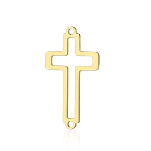 Detailed macro view of golden hollow cross charm with dual hanging loops for DIY jewelry