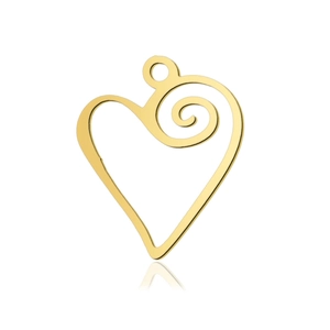 Detailed macro view of golden hollow heart pendant with spiral design and hanging hole