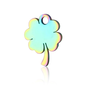 Iridescent four-leaf clover pendant in stainless steel with a metallic rainbow finish