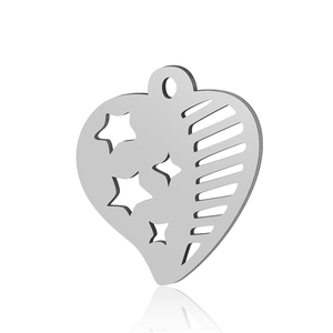 Close-up of heart-shaped stainless steel pendant with star engraving and striped pattern