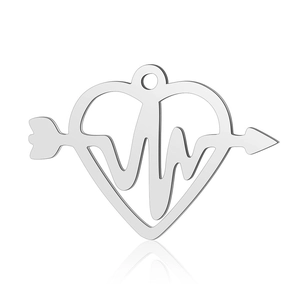 Close-up of polished stainless steel heart pendant with arrow and heartbeat line