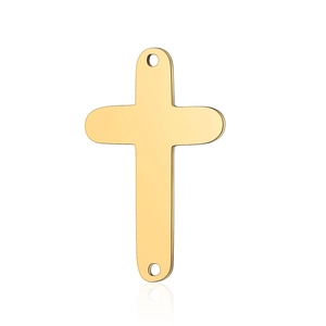 Detailed close-up of a polished gold stainless steel cross pendant with dual hanging holes