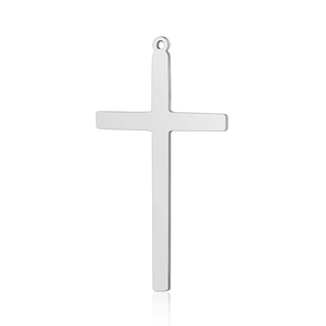 Polished stainless steel cross pendant with hanging loop and mirror reflection detail