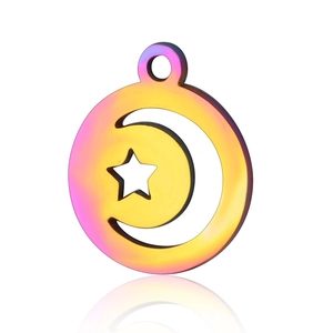 Close-up of rainbow plated stainless steel moon and star hollow circular pendant