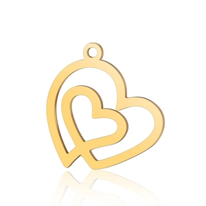Polished gold double heart hollow pendant with nesting design and circular ring loop