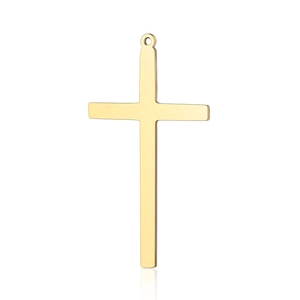 Polished gold stainless steel cross pendant detail with smooth surface on white background