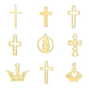 Stainless Steel Cross Pendant Religious Virgin Mary Crown DIY Jewelry Making Accessories Simple Hollow Out Geometric Necklace Charm Unisex