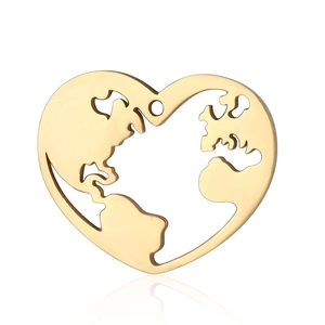Detailed close-up of a heart-shaped golden stainless steel world map pendant