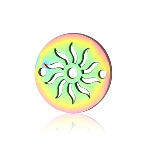 Macro detail of rainbow plated stainless steel sun charm with dual attachment holes
