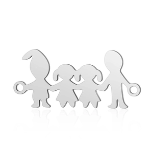 Polished silver family pendant with four figures holding hands on white background