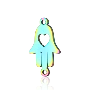 Iridescent Hamsa Hand pendant with heart cutout and dual holes for DIY jewelry making