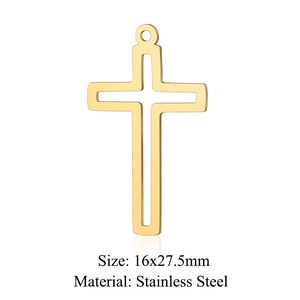 Golden hollow cross pendant in stainless steel for jewelry making, size 16x27.5mm