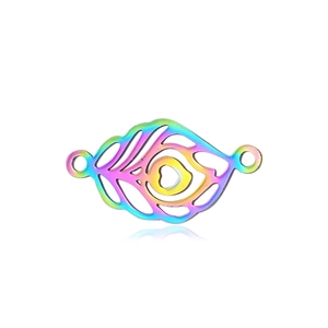 Rainbow plated stainless steel peacock feather charms with hollow heart for DIY jewelry