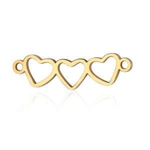 Detailed macro view of triple heart link jewelry connector in polished gold stainless steel