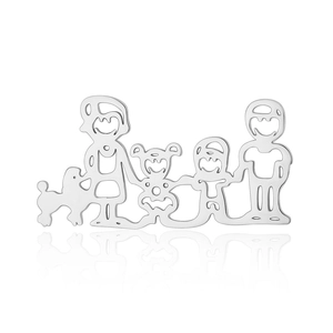 Detailed view of family tree pendant featuring parents, kids and a pet in stainless steel