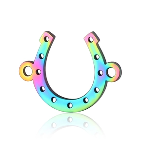 Rainbow plated horseshoe pendant in stainless steel with multi-hole design details