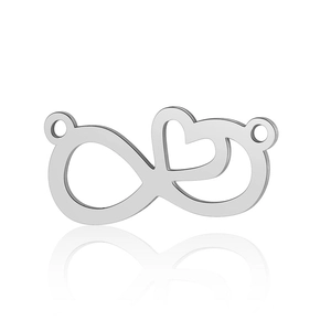 Detailed view of silver infinity heart pendant in stainless steel with polished finish