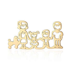 Detailed close-up of golden stainless steel family silhouette pendant with mirror reflection