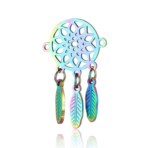 Rainbow plated stainless steel dreamcatcher pendant with three delicate feather charms