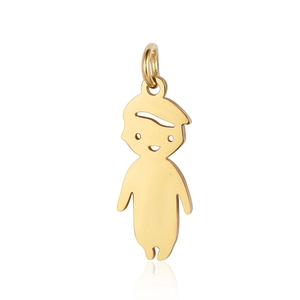 Polished gold stainless steel cartoon boy pendant with smooth finish and top ring