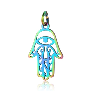 Rainbow hamsa hand stainless steel pendant with hollow design and evil eye motif