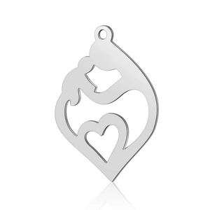 Detail showing teardrop-shaped mother and child stainless steel pendant with heart motif